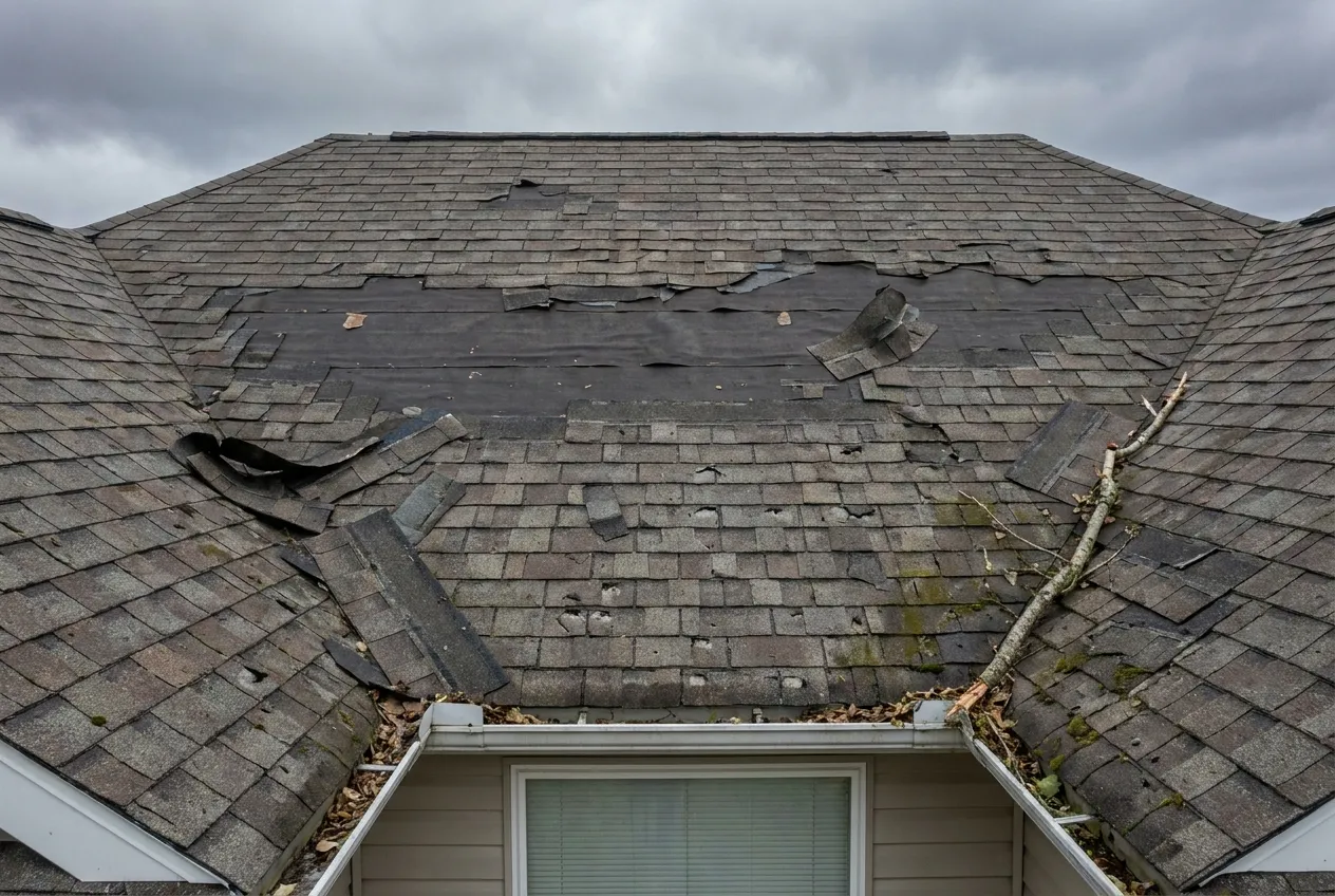 A steep hipped roof with a large field of shingles torn away exposing bare underlayment, a broken limb lying across the slope and debris packed into the gutters