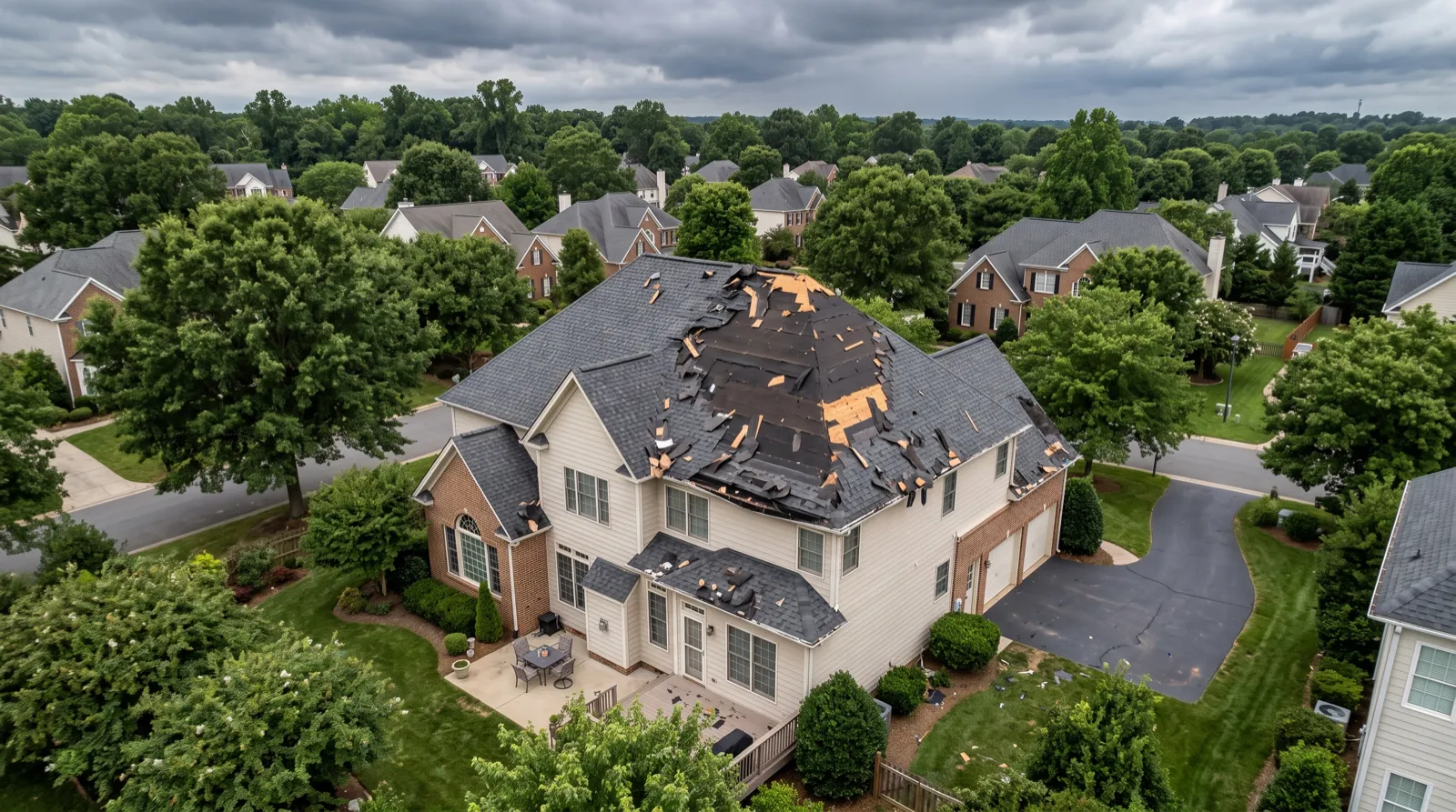An aerial view of a two-storey home with shingles peeled back across the main slope after a hail storm, exposing bare decking, with debris scattered across the patio below