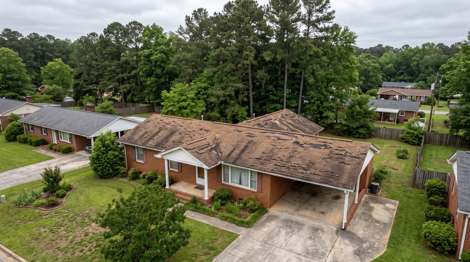 An aerial view of a brick ranch home with a badly worn brown shingle roof, shingles curling and worn through to dark patches across every slope