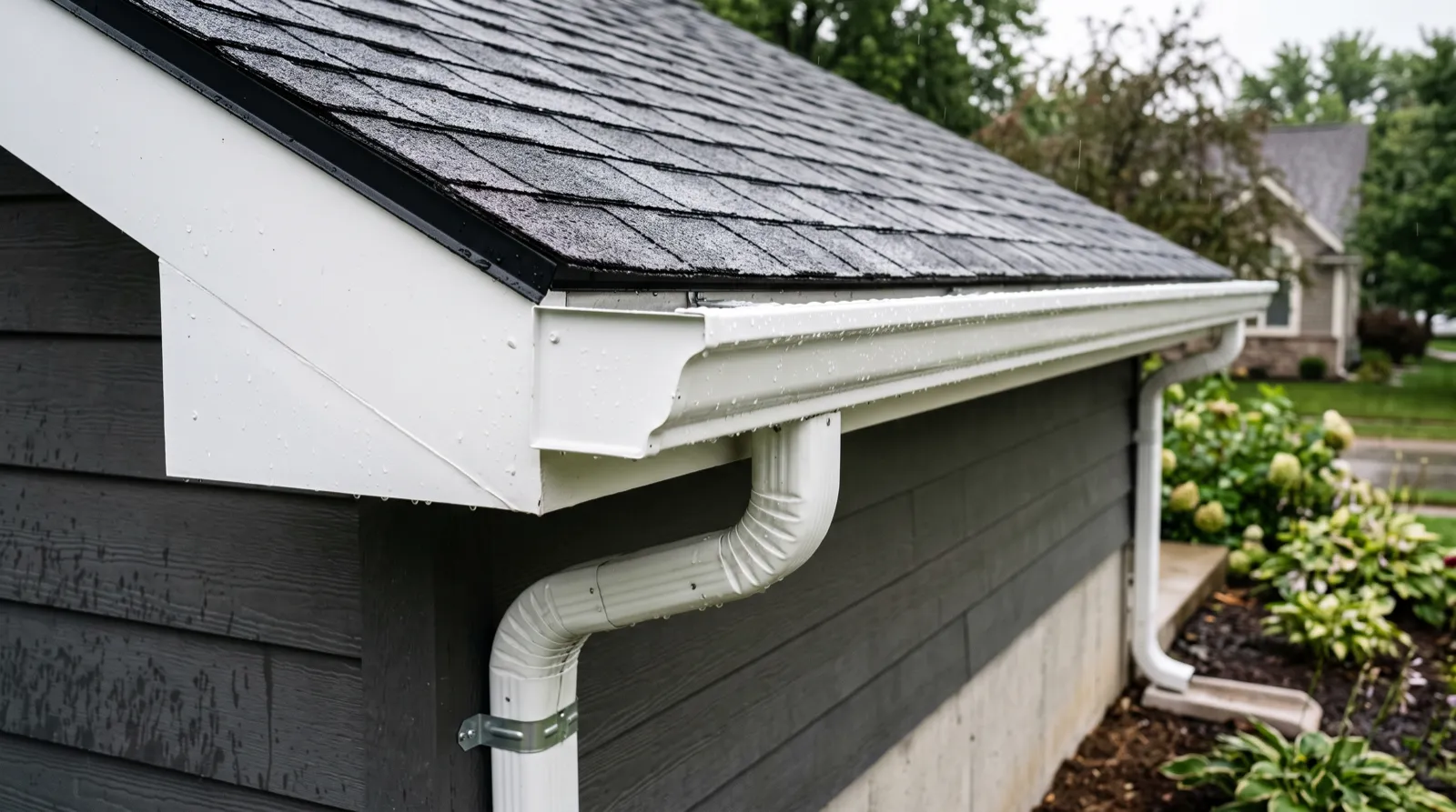 Newly installed seamless aluminium gutters and a downspout along a roofline with fresh white fascia
