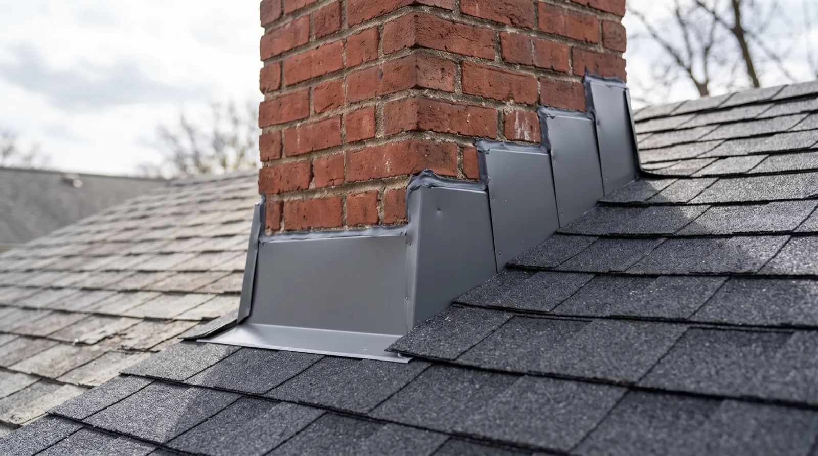 New shingles and fresh step flashing sealed neatly around a red brick chimney