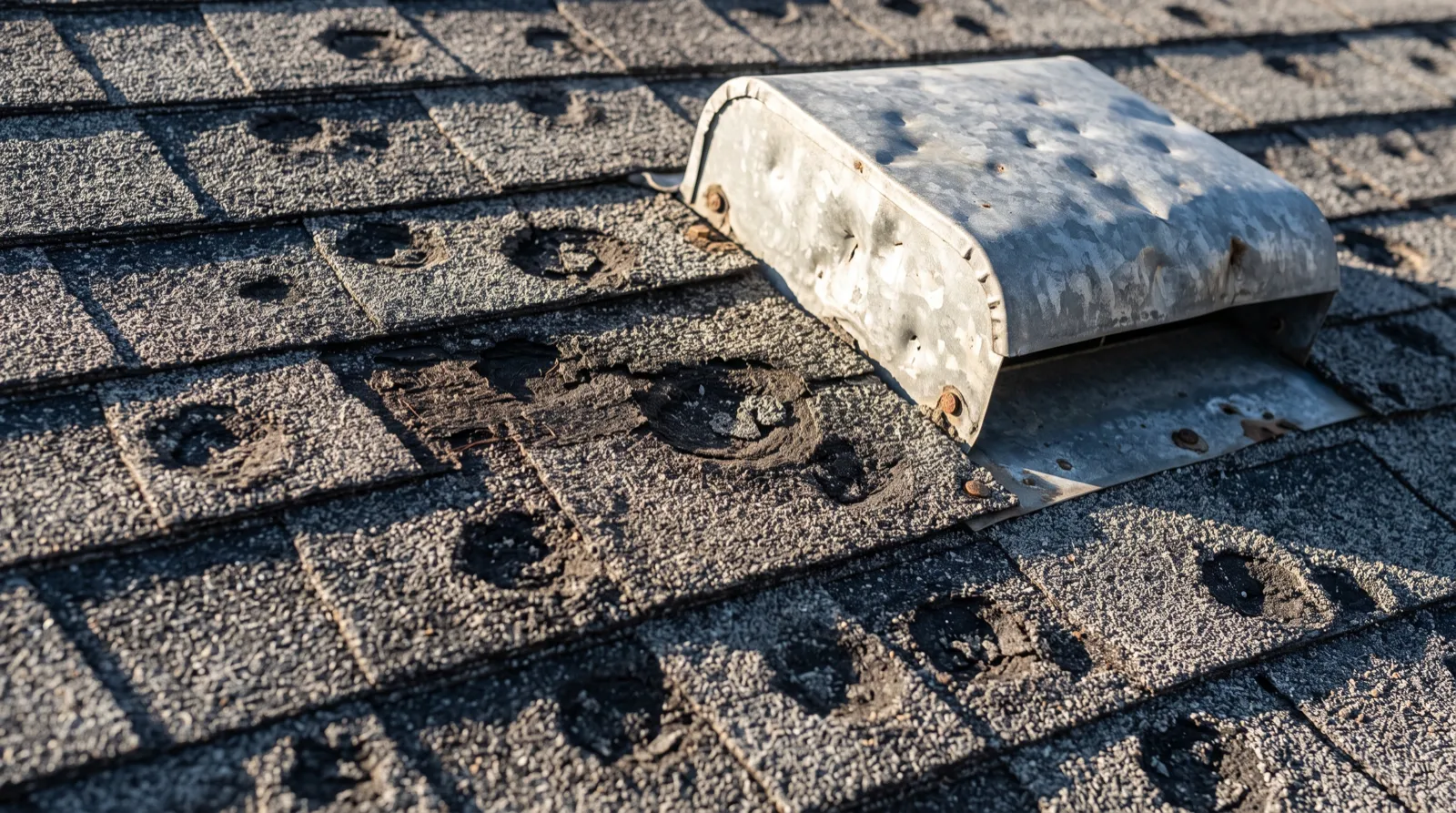 Hail-bruised asphalt shingles with granule loss and a dented metal roof vent