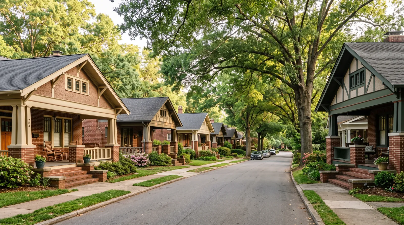 Brick craftsman bungalows with steep gabled roofs on a tree-lined Charlotte street