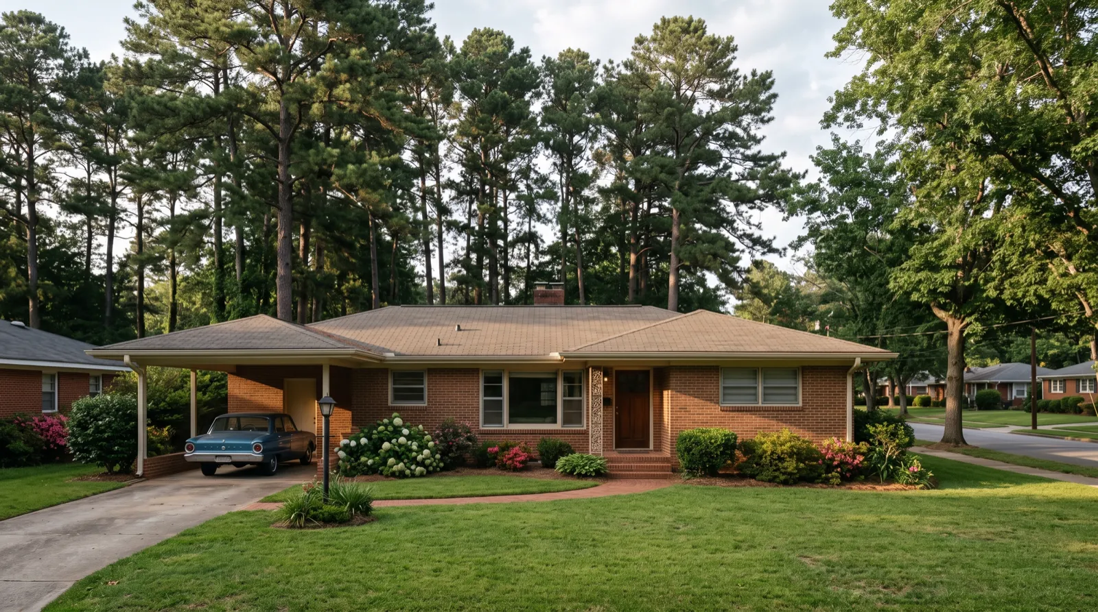 A 1960s single-storey brick ranch home with a carport and low-pitched roof on a quiet Rock Hill street